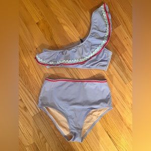 J crew blue textured one shoulder ric rac bikini